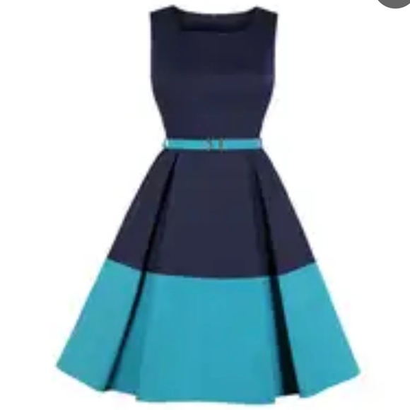 Navy Blue and Blue Scoop Neck Retro Midi Dress with Pockets and Belt, Size Small - Picture 3 of 12